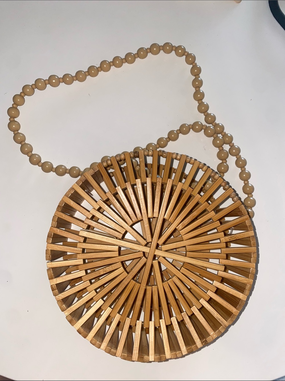 Natural Bamboo Round Crossbody Bag with Beaded Strap